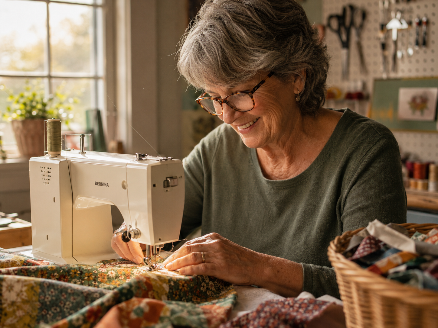 A happy sewist at her sewing machine
